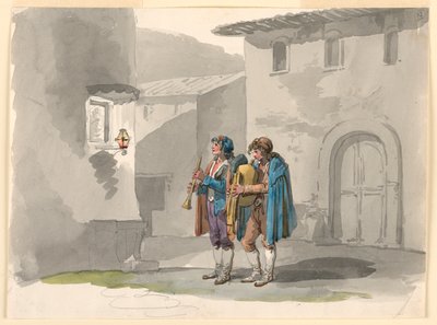 Teckning, "Pifferari", två pipare från Abruzzerna i Rom, 1807-08 av Bartolomeo Pinelli