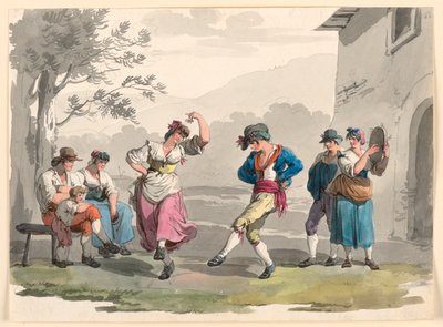 Teckning, "Saltarello Romano", Dansande bönder i Roms grannskap, 1807-08 av Bartolomeo Pinelli