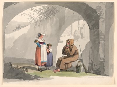 Teckning, Två flickor från Frascati besöker en eremit, 1807 av Bartolomeo Pinelli