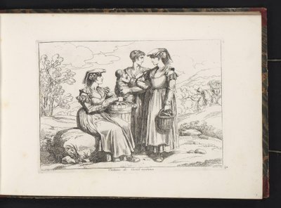 Tre kvinnor och ett barn från Castel Madama Costumi di Castel madama (titel på objekt) Kostymtryck med figurer från Rom med omnejd (serietitel) Nuova raccolta di cinquanta costumi de contorni di Roma (serietitel) av Bartolomeo Pinelli