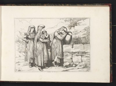 Tre kvinnor och ett barn från Cervara di Roma Costumi di Cervara (titel på objekt) Kostymtryck med figurer från Rom med omnejd (serietitel) Nuova raccolta di cinquanta costumi de contorni di Roma (serietitel) av Bartolomeo Pinelli