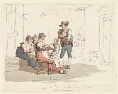 Familjescen med en mor och ett barn, illustration till "Romerska dräkter och seder" av Bartolomeo Pinelli