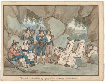 ”Frati”, tillfångatagen av briganti och hållen i en grotta, illustration till Romerska dräkter och seder av Bartolomeo Pinelli