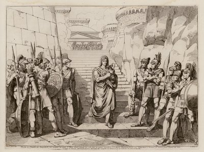 Gaius Fabius Dorsuo passerar obehindrat gallerna på väg till ett offer, 390 f.Kr (etsning) av Bartolomeo Pinelli