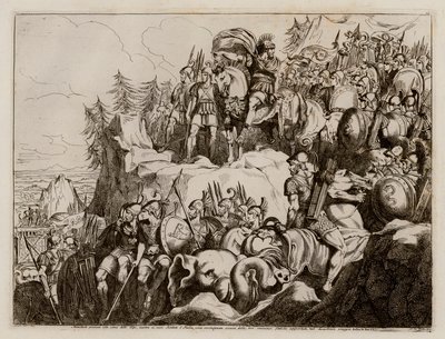 Hannibal korsar Alperna till Italien, 218 f.Kr (etsning) av Bartolomeo Pinelli