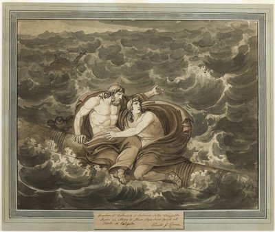 Mentor och Telemachus, efter att ha överlevt stormen, är glada till ön Calypso på en mast, från Telemachos äventyr, bok 6 av Bartolomeo Pinelli