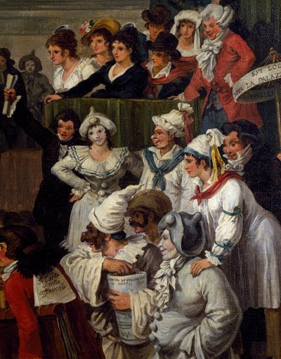 Pulcinella med annan karnevalskaraktär, detalj från Berberhästkapplöpningen i Rom under karnevalen av Bartolomeo Pinelli