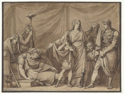 Drottning Tranquilla visas sin make Tarquinius döda kropp, illustration till Charles Rollins romerska historia av Bartolomeo Pinelli
