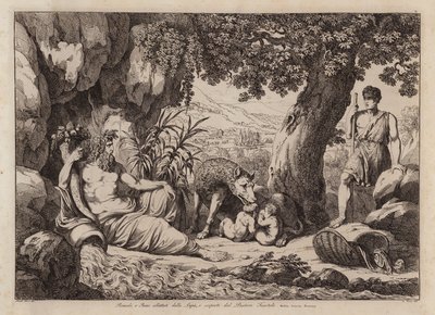 Romulus och Remus ammas av varghonan och upptäcks av herden Faustulus (etsning) av Bartolomeo Pinelli