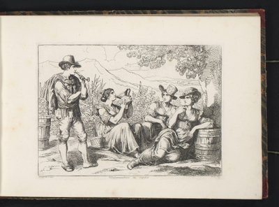 Vilande vindrickare Vendemiatrici in riposo (titel på objekt) Kostymtryck med figurer från Rom med omnejd (serietitel) Nuova raccolta di cinquanta costumi de contorni di Roma (serietitel) av Bartolomeo Pinelli