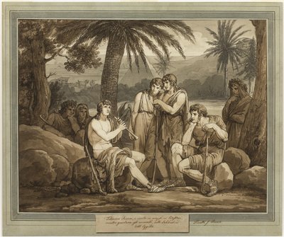 Telemachus spelar och sjunger för herdarna i Egypten, från Telemachos äventyr, bok 2 av Bartolomeo Pinelli