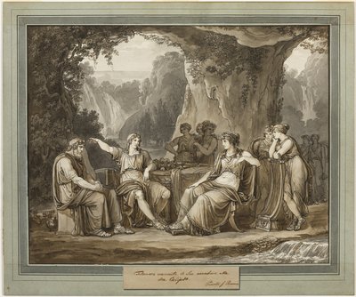 Telemachus relaterar sina äventyr till gudinnan Calypso, från Telemachos äventyr, bok 1 av Bartolomeo Pinelli