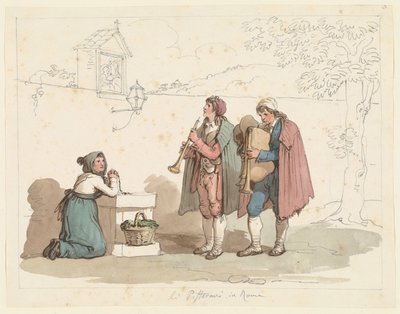 Säckpipespelaren och pipblåsaren i Rom, illustration till Romerska dräkter och seder av Bartolomeo Pinelli