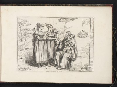 Två kvinnor från Frascati och en eremit Donne di Frascati, ed Eremita (titel på objekt) Kostymtryck med figurer från Rom med omnejd (serietitel) Nuova raccolta di cinquanta costumi de contorni di Roma (serietitel) av Bartolomeo Pinelli