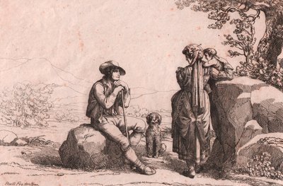Två gemene man med en baby och en hund i Fraine, Abruzzo, etsning av Bartolomeo Pinelli (Rom av Bartolomeo Pinelli