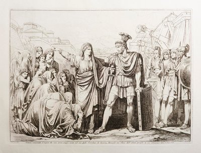 Veturia avväpnar sin son Coriolanus och räddar därmed Rom från en stor fara av Bartolomeo Pinelli
