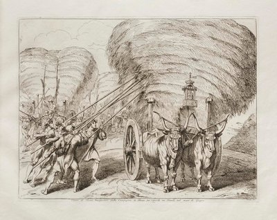 Vagnar med hö som transporterades från landsbygden till Rom för att föras till ladorna under juni månad av Bartolomeo Pinelli