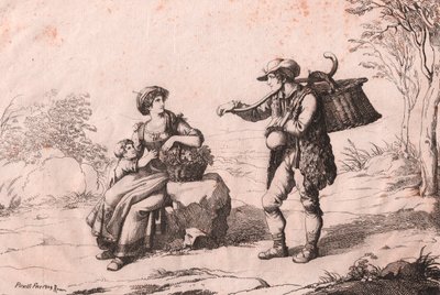 Kvinna från Pietra Terrazzana i traditionella dräkter, Abruzzo och Gioncataro (säljare av caciotteost), etsning av Bartolomeo Pinelli (Rom) av Bartolomeo Pinelli