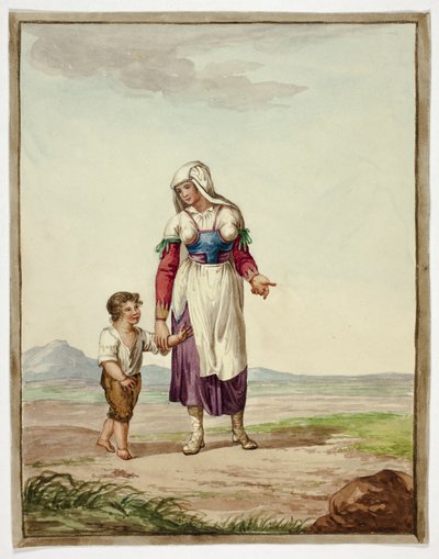 Kvinna i indiandräkt med pojke på väg av Bartolomeo Pinelli