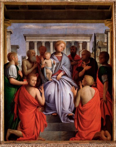 Madonna col Bambino e otto santi (Jungfru och barn med åtta heliga, Madonna och barn med åtta heliga) Målning av Bartolommeo Suardi sa Bramantino (1465-1530) 1515-1520 Dim 214x104 cm Florens, Palazzo Pitti av Bartolomeo Suardi Bramantino