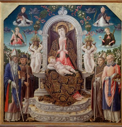 Jungfru och barn på tronen omgiven av Saint Augustine, Saint Roch, Saint Louis av Toulouse (Anjou), Saint Nicholas of Myre och i himlen Saint Catherine, Saint Dominica, Saint Peter the Martyr (Verona) och Saint Mary Madeleine (Jungfru med barn kvickhet av Bartolomeo Vivarini