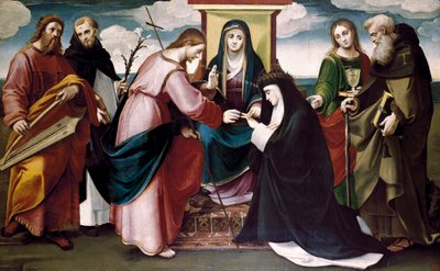 Det mystiska bröllopet mellan Saint Catherine of Siena med Kristus och de heliga Johannes Döparen, Antonio Abate, Dominic, kung David och Jungfru Maria, ca. 1517 (olja på panel) av Bartolomeo called Bagnacavallo Ramenghi