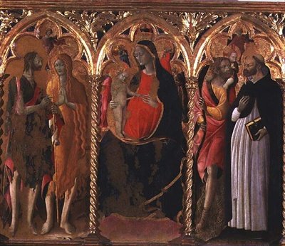Triptyk: Madonna och barn (mittpanel) med Johannes Döparen, Maria Magdalena, Sankt Kristofer och Sankt Dominikus (tempera på panel) av Bartolomeo di Tommaso da Foligno