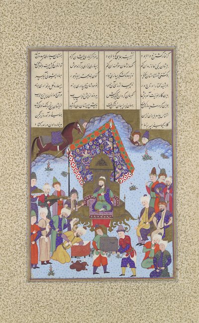 Afrasiyab på den iranska tronen, Folio 105r från Shahnama Book of Kings..., ca. 1525-30. av Bashdan Qara