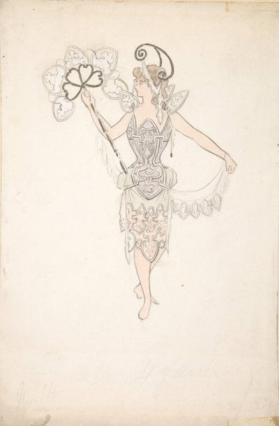 Kostymdesign för dam med fläkt, 1890-99. av Basil Crage