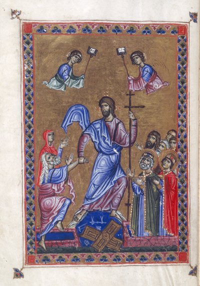 Egerton 1139, f.9v Harrowing of Hell, illustration från 