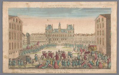 Utsikt över stadshuset i Paris med en procession som förkunnar fred Publicacion de la paz en Paris (titel på objekt) av Basset