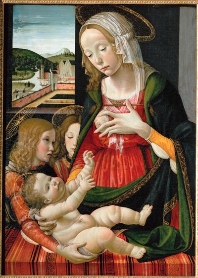 Madonna som ammar Jesusbarnet, omgiven av änglar ... (målning på trä) av Bastiano Mainardi