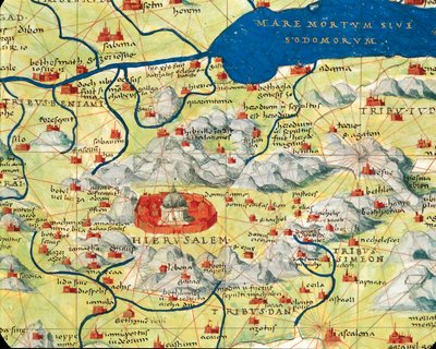Heligt land, Israel och Palestina: Jerusalem och döda havet, från Atlas of the World i trettiotre kartor, av Battista Agnese av Battista Agnese