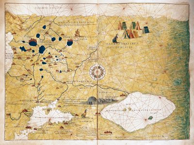 Moschoviae Tabula, karta över Ryssland och europeiska städer längs floden Volga av Battista Agnese