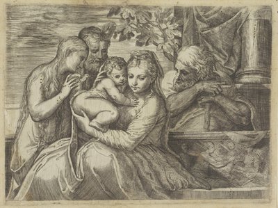 Helig familj med heliga av Battista Angolo del Moro (attributed to)
