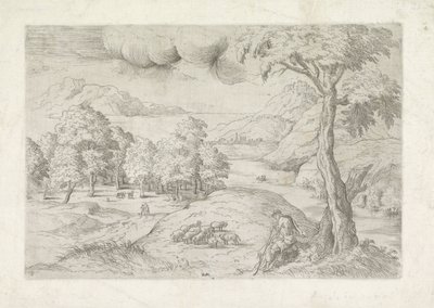 Panoramalandskap med ruiner, en stad och resenärer Landschap träffade herder av Battista Angolo del Moro