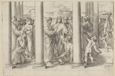 De heliga Petrus och Johannes botar en förlamad person i ett tempel av Battista Franco
