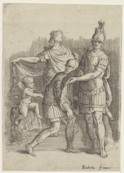 Tre soldater och en putto av Battista Franco