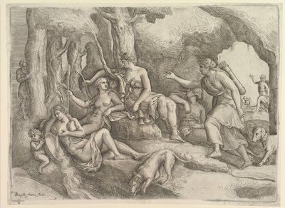 Diana vilar med nymfer. av Battista Franco Veneziano