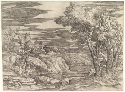 Landskap med en ryttare och hans brudgum, ca. 1552-61. av Battista Franco Veneziano
