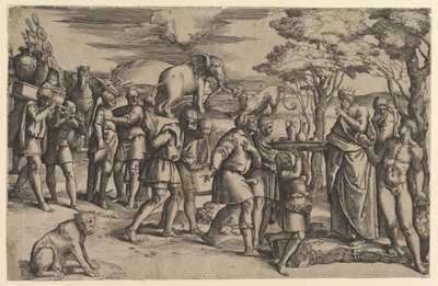 Melkisedek erbjuder bröd och vin till Abraham, ca. 1547. av Battista Franco Veneziano
