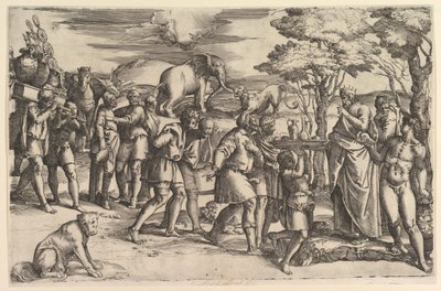 Melkisedek erbjuder bröd och vin till Abraham, ca. 1547. av Battista Franco Veneziano