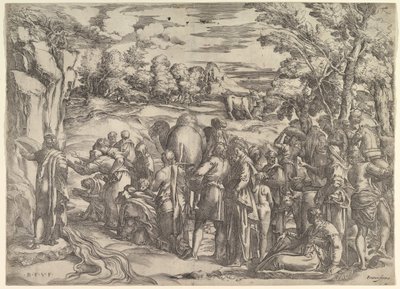 Moses drar vatten från klippan, till vänster med vatten som rinner, olika figurer och ..., ca. 1552-61. av Battista Franco Veneziano