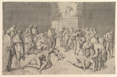 Filistéerna placerar förbundsarken i Dagons tempel, ca. 1540. av Battista Franco Veneziano