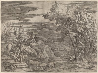 Landskap med en man som leder en häst av Battista Franco after Titian