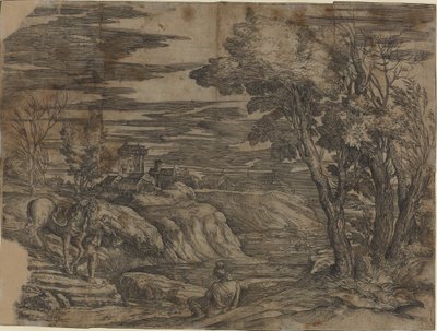 Landskap med en man som leder en häst av Battista Franco, after Titian