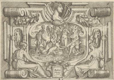 En man och kvinna som erbjuder ett fat med mynt till en kung som sitter på en tron, satt med..., ca. 1540-80. av Battista del Moro