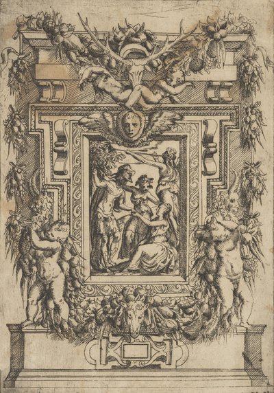En ung man räcker fram sin hand till en sittande kvinna, en annan kvinna står mellan dem och..., ca. 1540-80. av Battista del Moro