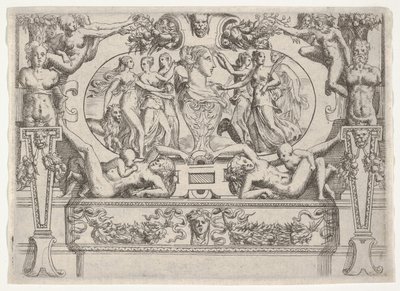 Byst av en kvinna flankerad av tre kvinnor på varje sida, inställd inom en utarbetad ram, ca. 1540-80. av Battista del Moro