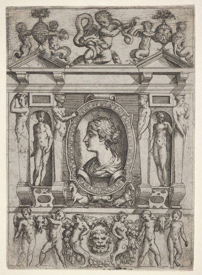 Byst av en kvinna i profil vänd åt vänster, inställd i en genomarbetad ram med figurer i n..., ca. 1540-80. av Battista del Moro